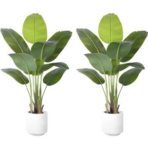 Artificial Bird of Paradise Plant 4Ft Tall Fake Tropical Palm Tree Large Fake Plants with 9 Silk Banana Leaves Faux Plant Indoor Decor Trees with White Pot for Home Bedroom Living Room Office 2 Pcs