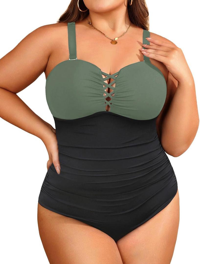 Women Plus Size One Piece Swimsuit - Tummy Control Bathing Suits Ruched Lace up Swimwear Retro Swimsuits 2025 (Olive Green, 16W)