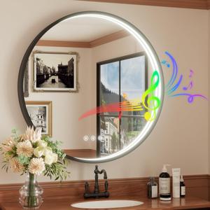 30 Inch Round LED Bathroom Mirror with Dual Bluetooth, 3 Color Temperatures (3000K/4500K/6000K), Anti-Fog, Dimmable, Black Frame Round Vanity Mirror with Lights and Bluetooth