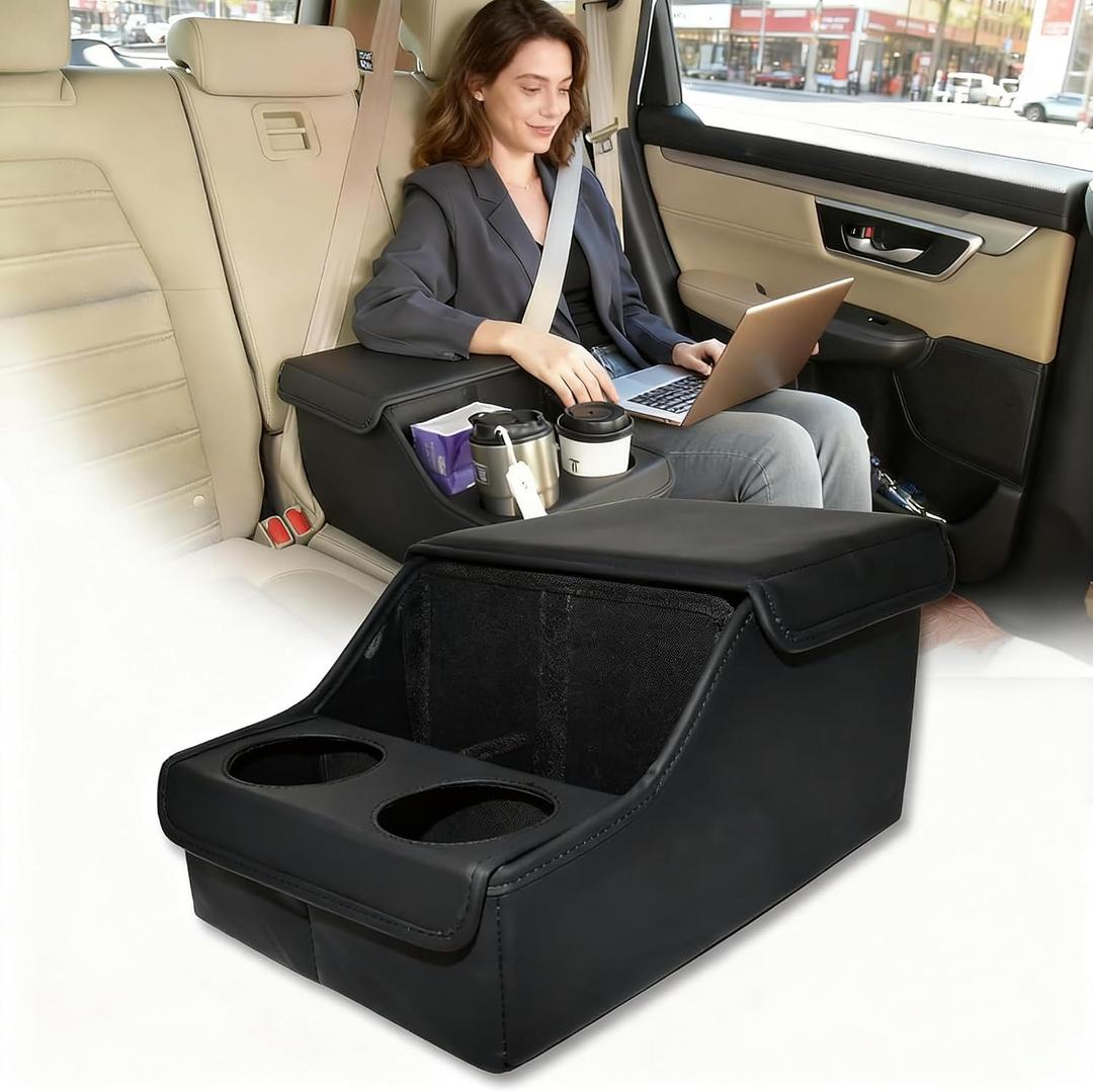 Backseat Car Organizer, Middle Seat Organizer With 4 Storage Compartments 2 Cup Holders, Back Seat Center Hand Rest Toy Storage for Toddler Kids Family Travel Roadtrip Essentials for SUV Truck Van
