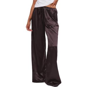 MakeMeChic Women's Summer Satin Silk Pants Casual Flowy Pants Beach Vacation Wide Leg Pants, Small