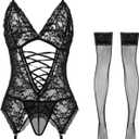 Anyou Lingerie for women, Womens Lingerie Stretchy Lace Teddy Plus Size lingerie with Stockings Size S (Black)