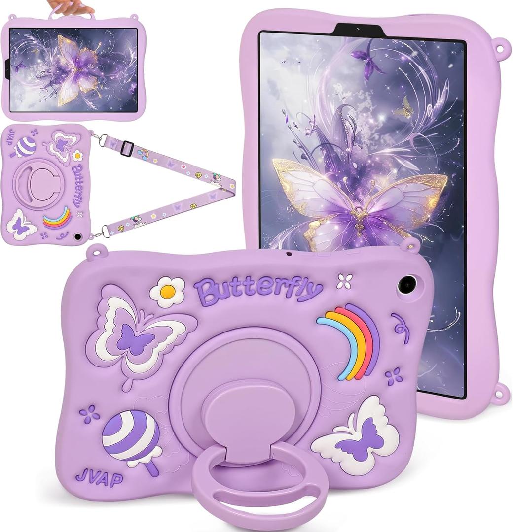 Case for Samsung Galaxy Tab A11 8.7 Inch 2025/ Galaxy Tab A9 8.7 Inch Cute Butterfly Cover 3D Rotating Handle Stand & Shoulder Strap Soft Silicone