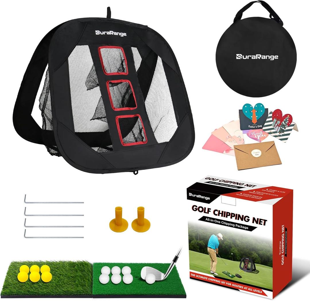 Pop-Up Golf Chipping Net - Ultimate Target Training Chip Aids for Precision & Distance, Outdoor | Indoor Practice, Golfer Gift (1 Black Net+ 2 Mats+ 12 Balls + 6 Greeting Cards)