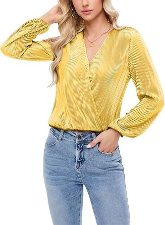 Women Long Lantern Sleeve Shirts Dressy Casual Loose Fit Fall V Neck Blouses Date Night Tops, XS