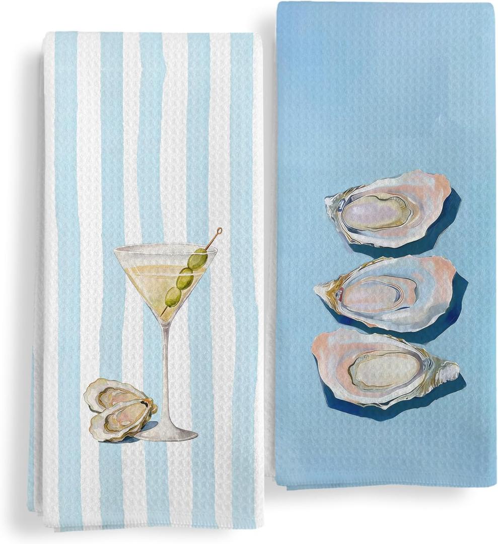 Blue Coastal Beach Oyster Cocktail Bar Kitchen Towels Set of 2, Summer Coastal Dish Tea Towels, Cocktail Gifts Decorative Hand Towel for Kitchen Home Bar Cart Decor, 16X24In