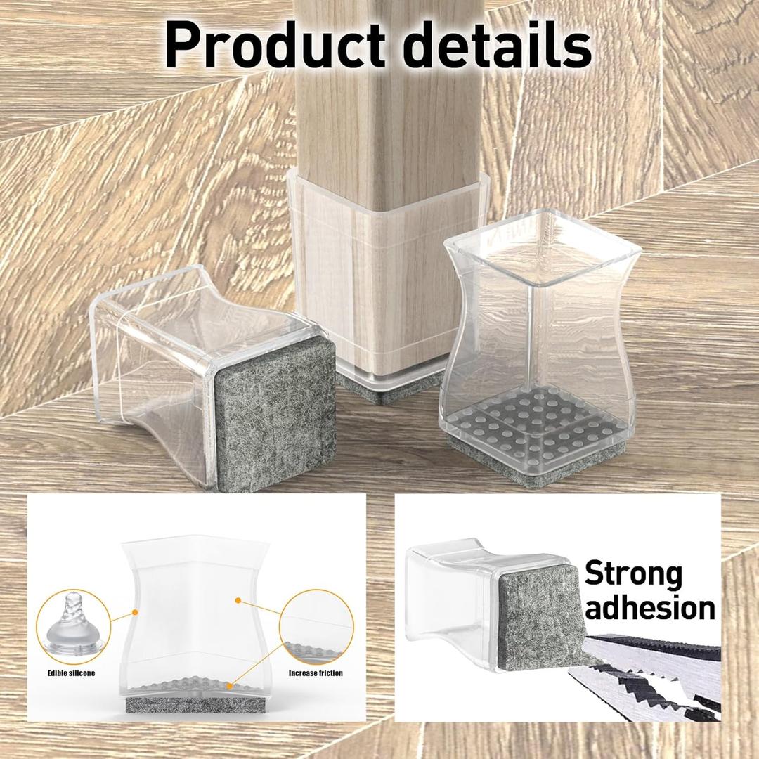 Square Chair Leg Protectors for Hardwood Floors, 8 Pcs Silicone Felt Furniture Leg Cover,Fit: 2.25" -2.75" Clear.