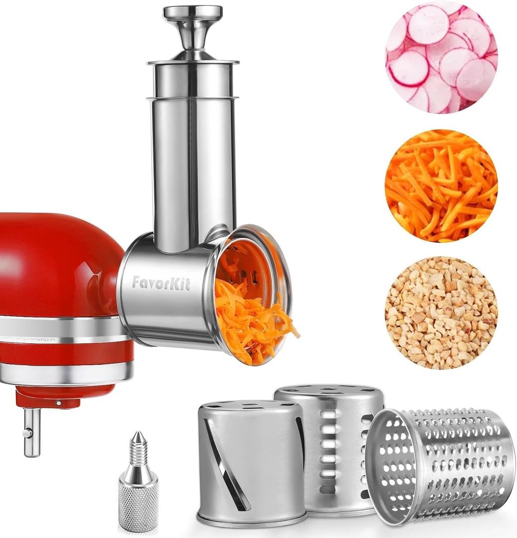 Large Stainless Steel Slicer Shredder Attachment for KitchenAid Mixers, Dishwasher Safe Salad Maker, Cheese Grater Accessories with 3 Blades & 1 Knob Thumb Screw