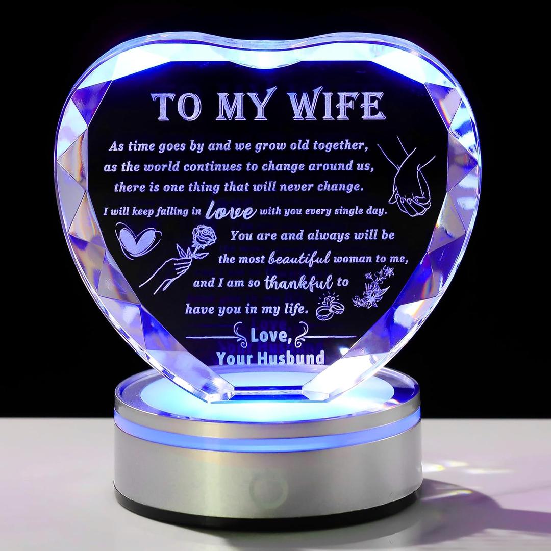 Qianwei Romantic Gifts for Wife from Husband with Colorful Led Base Wife Gifts from Husband Heart Crystal Unique Gifts for Wife Anniversary Birthaday Christmas Gifts Valentine's Day for Wife