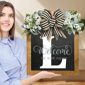 Welcome Wreaths for Front Door-14"x12", 26 Initial Letter Front Door Wreath, Welcome Sign with Eucalyptus Garland and Bow, Porch Farmhouse Decoration, Housewarming Gifts (L)