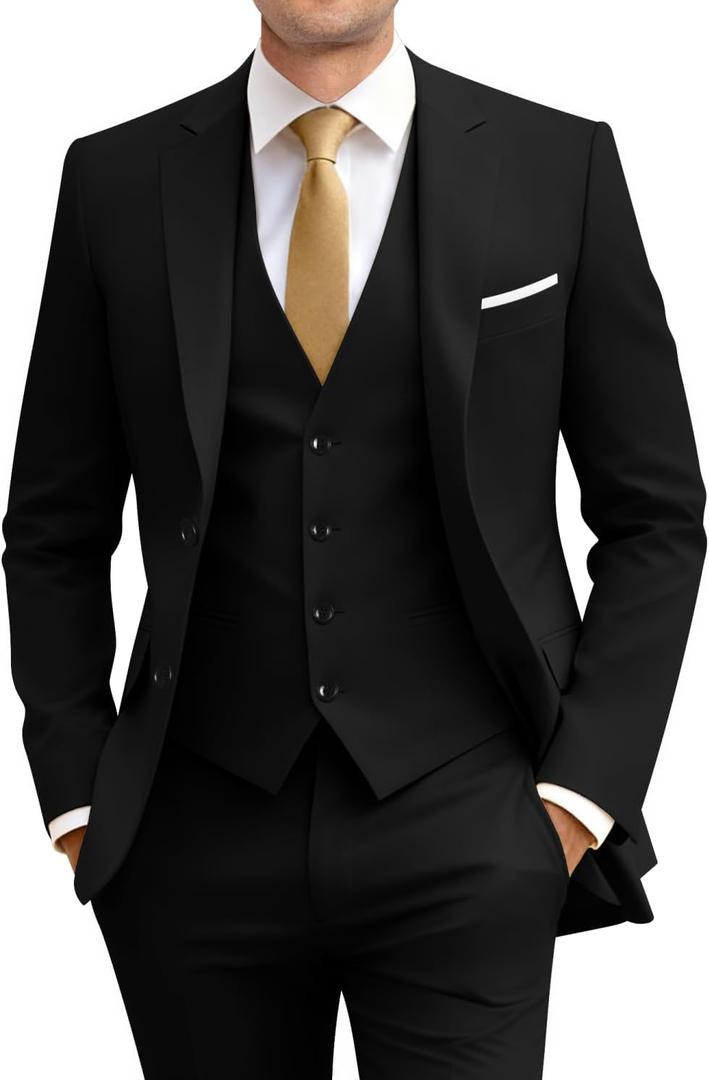 Men's Slim Fit 3 Piece Suit Two Button Business Wedding Dress Tux Suit Set Jacket Vest Pants with Tie (Black, S)