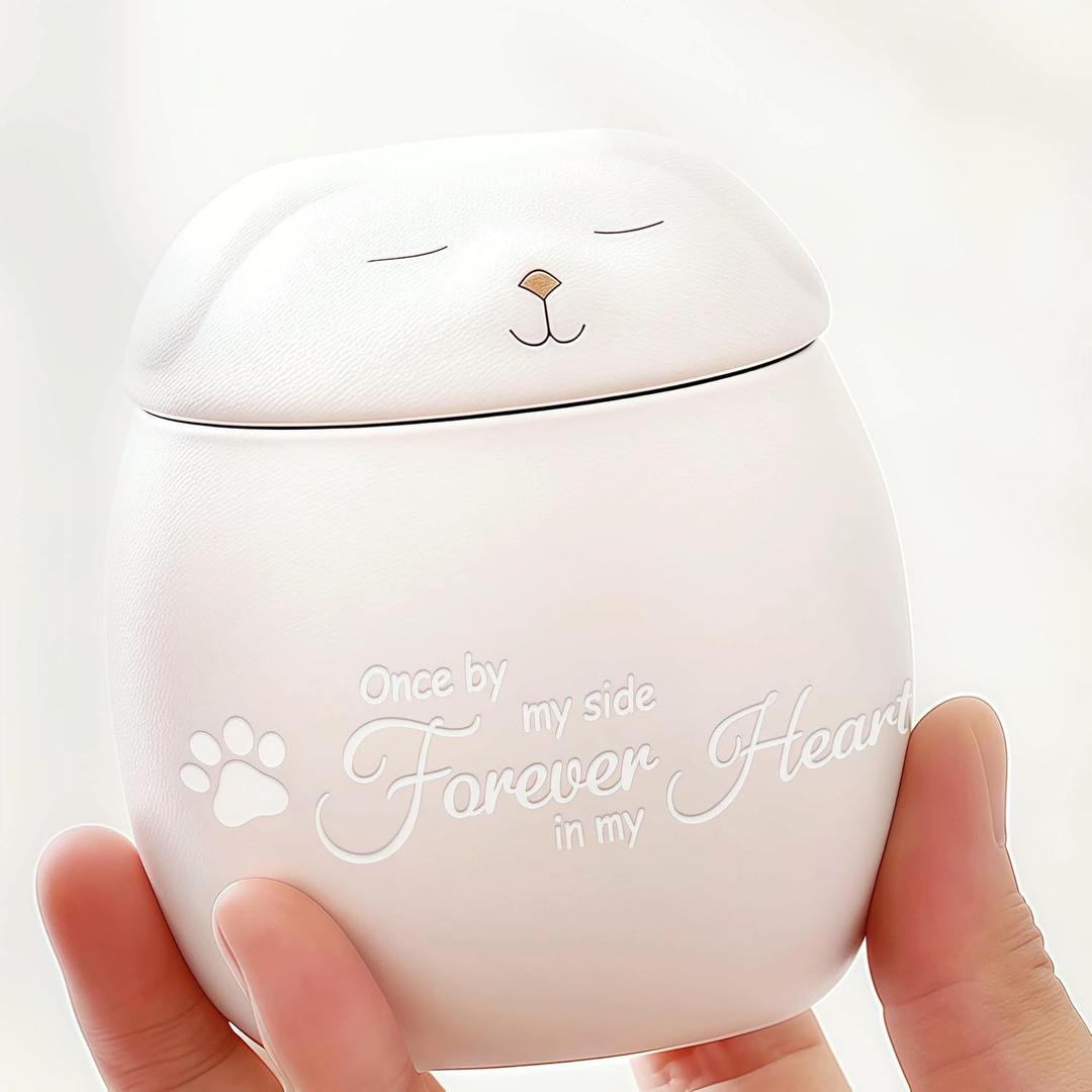 Cynlsum Pet Memorial Ceramic Jar for Dog & Cat Fur Personalized Loss of Dog Remembrance Memory Urn for Ashes, Forever in Our Hearts Sympathy Gift Keepsake Box White
