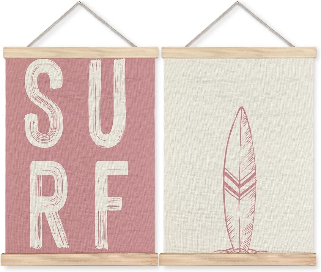 BearCake Surf Room Decor, Coastal Beach Surf Wall Art Poster Hanger Frame, Beach House Decor, Vintage Pink Surfboard Canvas Prints Framed Wall Decor for Home Bedroom Living Room, 12x16 Inch Set of 2