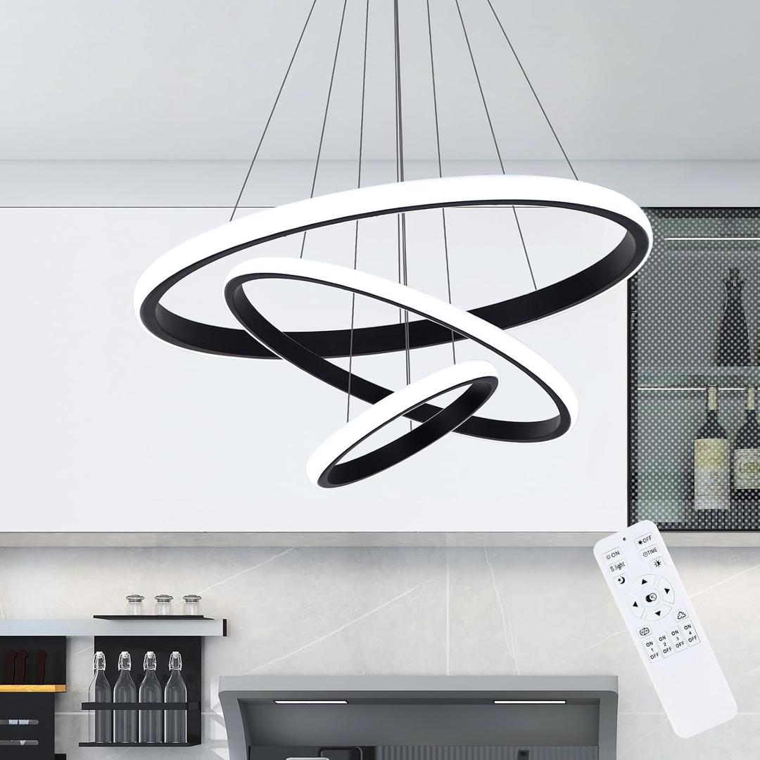Dimmable Modern LED Chandelier, 3 Rings Black Pendant Light with Remote, 3000K-6500K Adjustable, 40W Ceiling Light for for Dining Room, Living Room, Foyer, Entryway, Kitchen Island, Bedroom