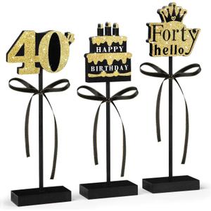 3 Pcs 40th Birthday Table Decorations Wooden Signs,Happy 40th Birthday Tiered Tray Decorations for men women Birthday Party Decor (40)
