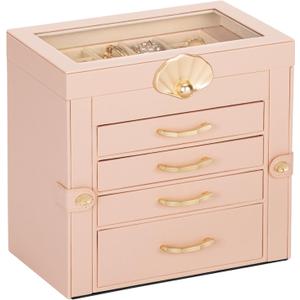 Jewelry Box with 4 Drawers : Display Organizer for Earrings Necklaces - Christmas Gifts for Girls Women (Peach Pink) (XXL)