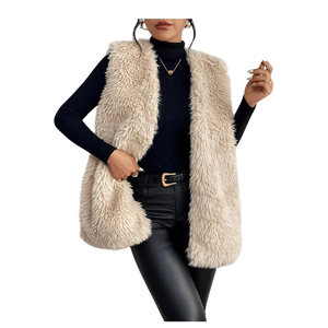 Verdusa Women's Fuzzy Faux Fur Sleeveless Vest Teddy Coats Open Front Plush Waistcoat Outerwear, Small, Apricot 