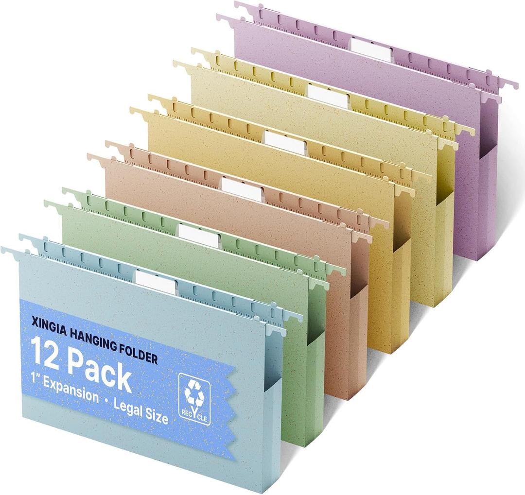 XINGIA Legal Size Hanging File Folders Extra Capacity, Heavy Duty 1'' Expansion Hanging Folders for Filing Cabinet, 12 Pack Wheat Straw File Folders Hanging with Tabs, Pastel File Organizer for Office