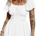 EXLURA Women's 2025 Summer Ruffle Short Sleeve Tie Back Romper Dress Square Neck A Line Cute Dressy Short Jumpsuits S