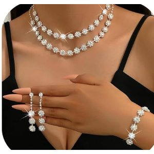 HUASAI Silver Wedding Jewelry Sets for Brides Rhinestone Necklace Earrings Bracelet Set Bridal Costume Jewelry for Women Formal Wedding Guest Dress Accessories Prom Party Outfits