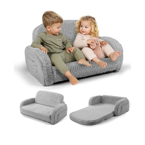 2-in-1 Sherpa Fold Out Kids Couch, Extra Wide Comfy Toddler Chair, Convertible Kids Sofa to Lounger, Foldable Toddler Couch with High Density Foam, Modern Kids Sofa Bed for Boys & Girls 3+, Gray