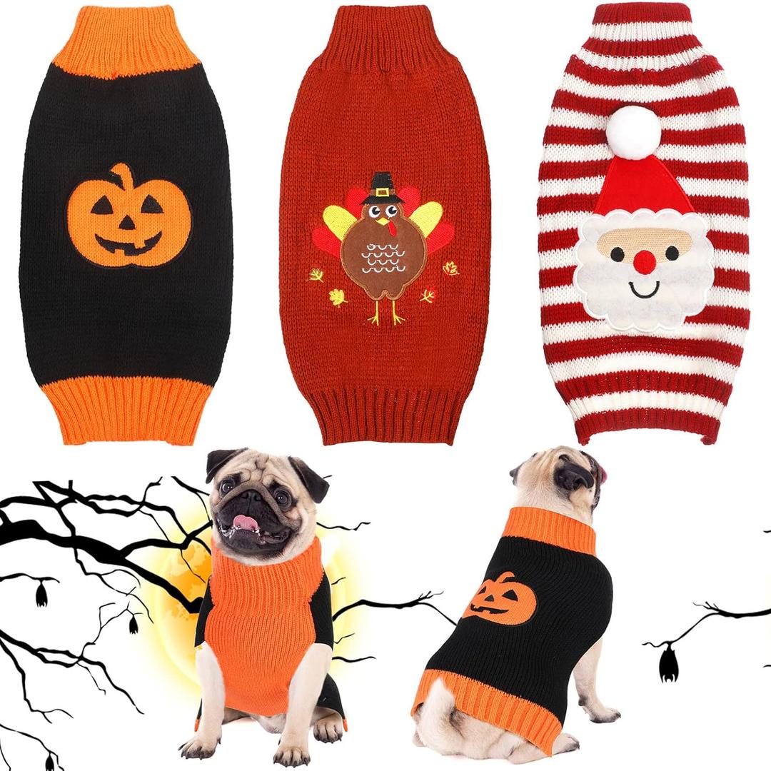 Sanwuta 3 Pieces Halloween Thanksgiving Christmas Dog Sweaters Sets Pumpkin Turkey Santa Puppy Dog Clothes Pet Knitwear for Dog Cat Pet Costume,(Small)
