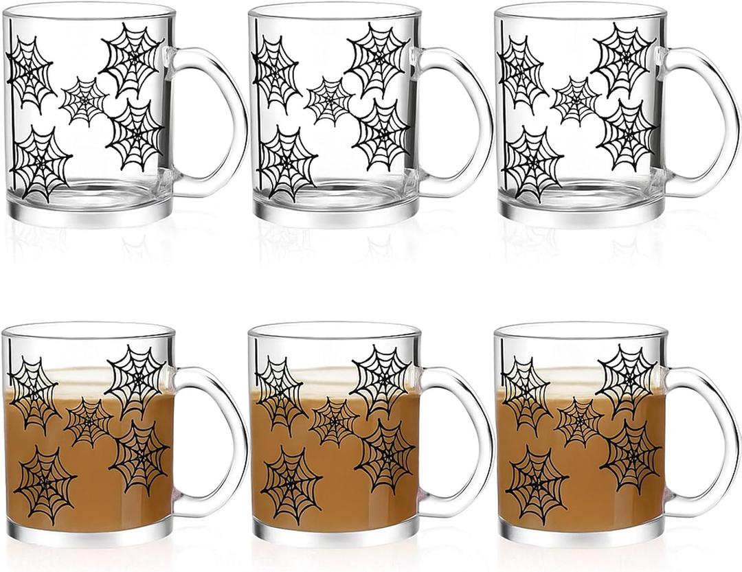 Maxcheck 6 Pack 12 oz Halloween Coffee Mugs Spider Web Glass Cups Gifts Bulk Clear Drinking Wine Glasses with Handle for Halloween Party Supplies Decorations