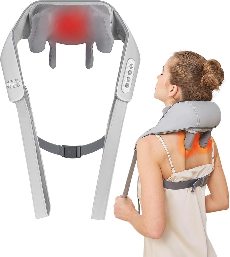 PERLEVI Cordless Neck Shoulder Massager with Heat,Deep Tissue Kneading Relieves Tension Improves Circulation,Gifts for Women,Men,Mom,Dad(Grey)