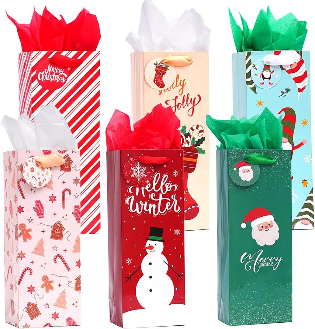 Nihuecne 12 Pack Christmas Wine Gift Bags with Tissue Paper & Tags for Xmas Holiday Present Wrap,6 Designs (5 x 13 x 4 In)
