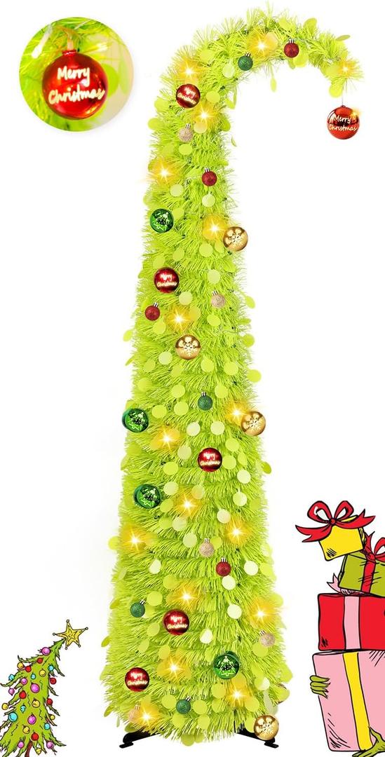 MACTING Whimsical Christmas Tree with Ball String Lights 5FT Green Pop Up Curved Tree with 15 Ball Lights & Hanging Ornaments Collapsible Tinsel Tree for Apartment Porch Indoor Xmas Halloween Decor