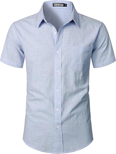 ZEROYAA Men's Fitted Cotton Like Linen Casual Short Sleeve Button Up Shirts Lightweight Beach Tops with Pocket S ZEROYAA Men's Fitted Cotton Like Linen Casual Short Sleeve Button Up Shirts Lightweight Beach Tops with Pocket S