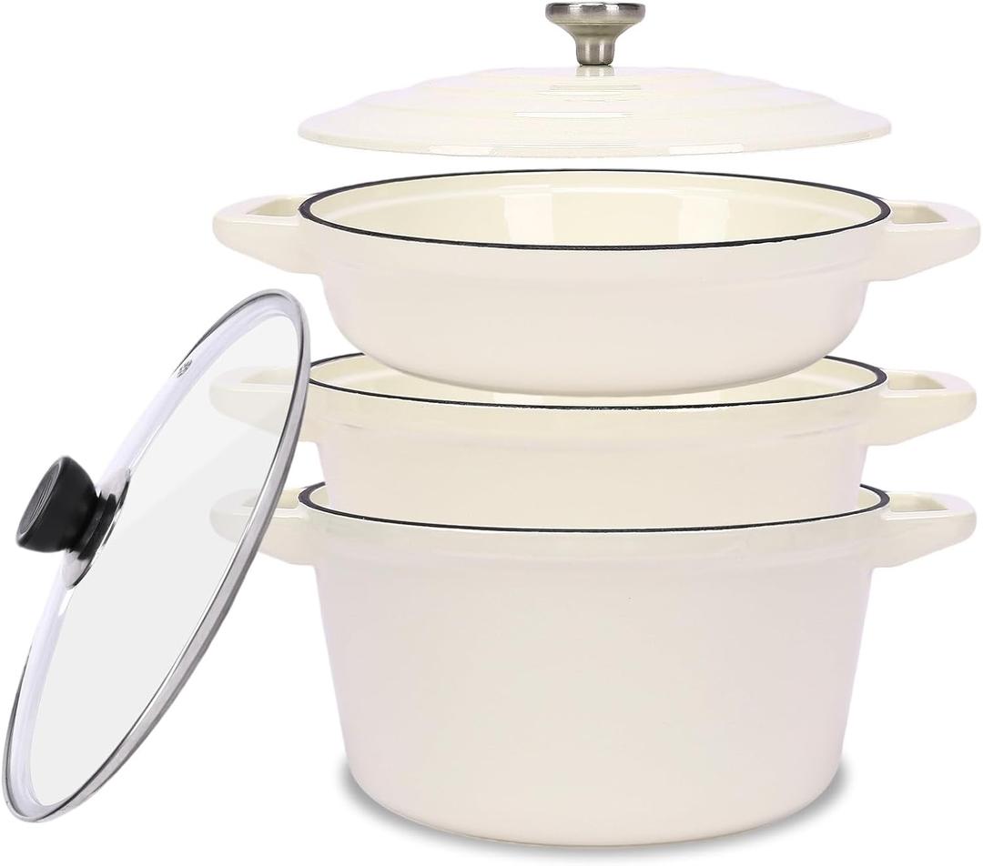 QuliMetal Enameled Cast Iron Set 5-Pc, 10" Stackable Space-Saving Cookware Set, Dutch Oven, Skillet, Grill Pan, with 2 Universal Lid, Versatile Enamel Dutch Oven, Included Spacers, White, 5.2Qt Dutch Oven, 10-Inch Skillet, 4Qt Grill Pan