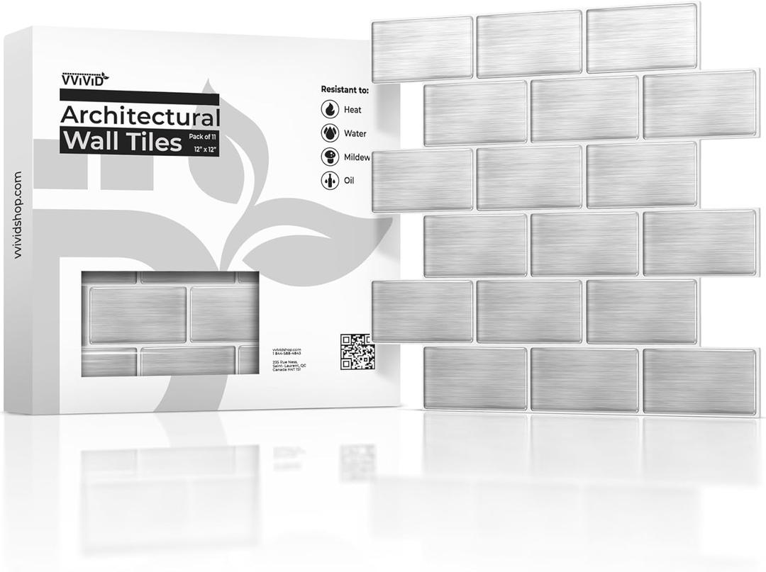VViViD 11 Sheets Peel and Stick Faux Brushed Steel Wall Tiles, Self Adhesive Backsplash 12x12, 2mm Thick Kitchen, Bathroom (11 sq. ft.)