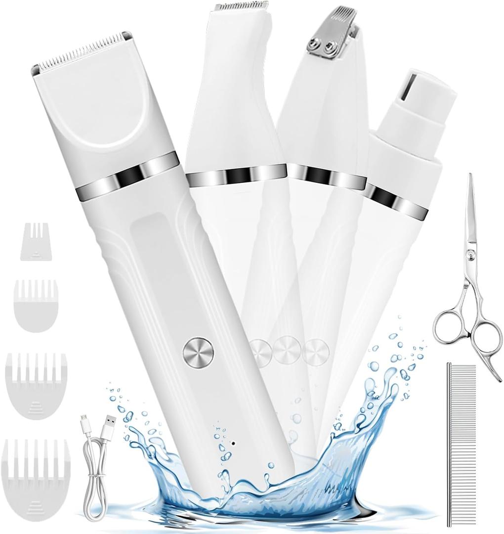 4 in 1 Dog Grooming Kit, Cordless Dog Clippers for Grooming, Low Noise Paw Trimmer Electric, Cat Hair Clippers Kit with Nail Grinder, Rechargeable Pet Hair Shaver for Small & Large Cat Pet (White)