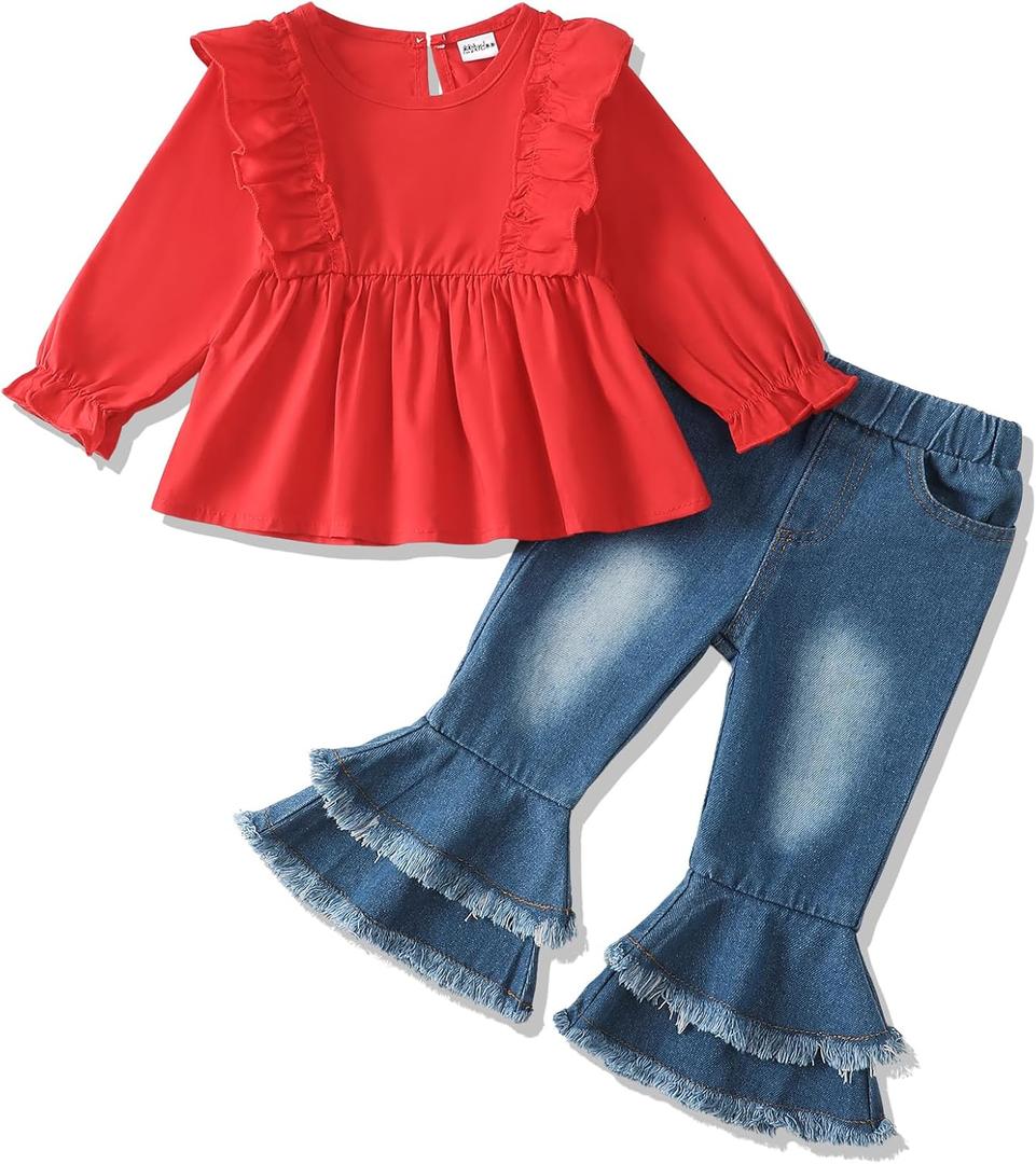 Mikrdoo Baby Toddler Girl Clothes Long Sleeve Ruffle Shirts Top Denim Bell Bottom Outfits Fall Winter Kids Clothing Sets (6-7 Years, 1-red)