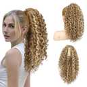 REECHO Ponytail Extension, Curly Claw Clip Ponytail Hair Extension Synthetic Clip in Pony Tails Cheer Ponytail Hair Piece for Dance Sports Daily, Medium Blonde with Blonde Highlights