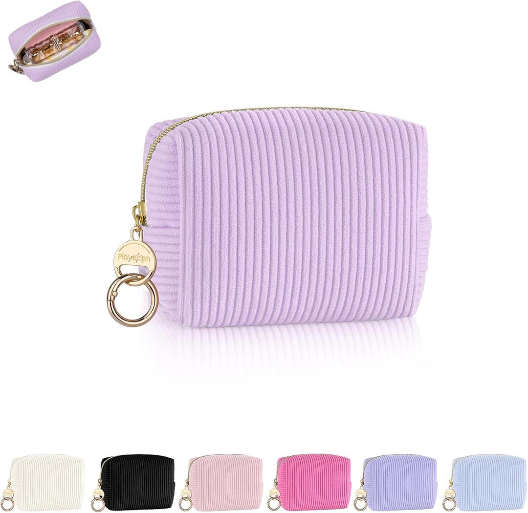 Mini Makeup Bag, Corduroy Small Cosmetic Bag for Purse with Ring Buckle, Portable Travel Makeup Pouch for Lipsticks, Chapsticks, Coin, Earphone, Credit Card (Purple)