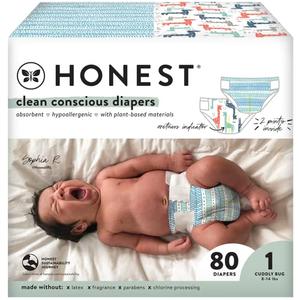 The Honest Company Clean Conscious Diapers | Plant-Based, Sustainable | Dots & Dashes + Multi-Colored Giraffes | Club Box, Size 1 (8-14 lbs), 78 Count