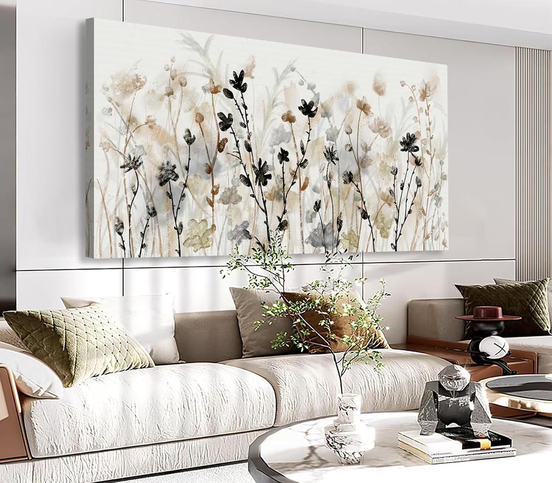 Abstract Floral Canvas Wall Art Grey Cream White Grass Flowers Canvas Pictures Modern Landscape Painting Botanic Artwork for Living Room Bedroom Kitchen Office Wall Decor Ready to Hang 20" x 40"
