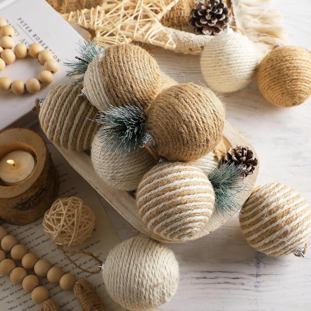 12 Pcs Neutral Burlap Christmas Ball Ornament 2.4 Inch Farmhouse Boho Jute Rope Woven Xmas Baubles Rustic Modern Natural Christmas Decorations for Home Tree Wreath Holiday Rattan Decor (White Brown)