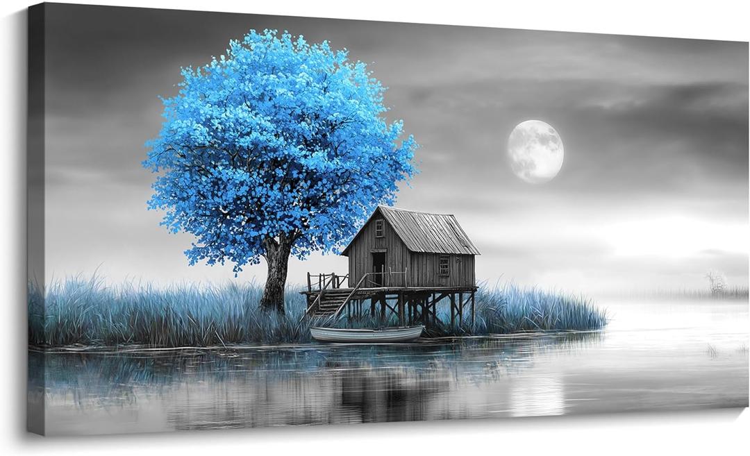 JEAWA Landscape Canvas Wall Art Decor - Blue Gray Wall Art for Bathroom Bedroom Study Dining Room, Winter Wall Art Canvas Paintings, Moon Pictures Wall Decor, Tree Art Wall Decor, 20x40 IN (40L" x 20W")