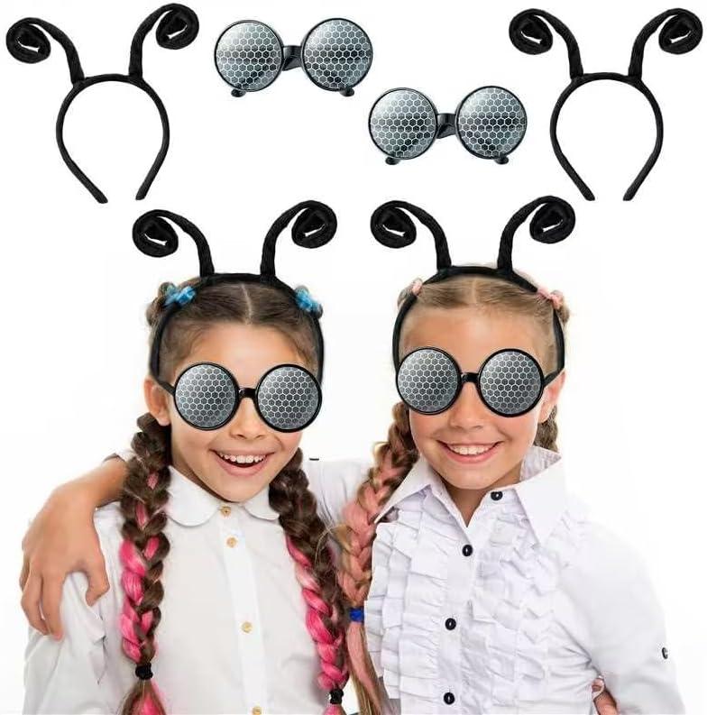 Yopyame 4PCS Fly Costume Bug Accessories Set Black Velvet Bug Antenna Headband with Glasses Insects Hairband Glasses Firefly Dragonfly Costume Accessories Bug Headband and Glasses for Cosplay Party