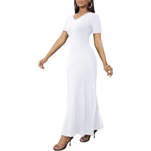 FANDEE Maxi Dress for Women Short Sleeve Summer Dresses V Neck Casual Loose Long T Shirt Dresses with Pockets (Large)