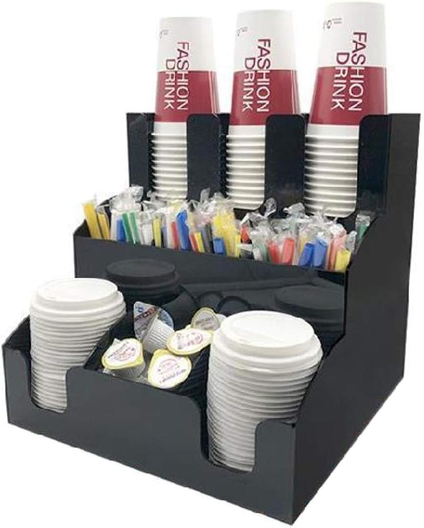 FC Verticle Coffee Cup Dispenser and Lid Holder Condiment Stirrer, Sugar Cup Caddy Organize and Display Your Coffee Station Counter with Style 3 Tier