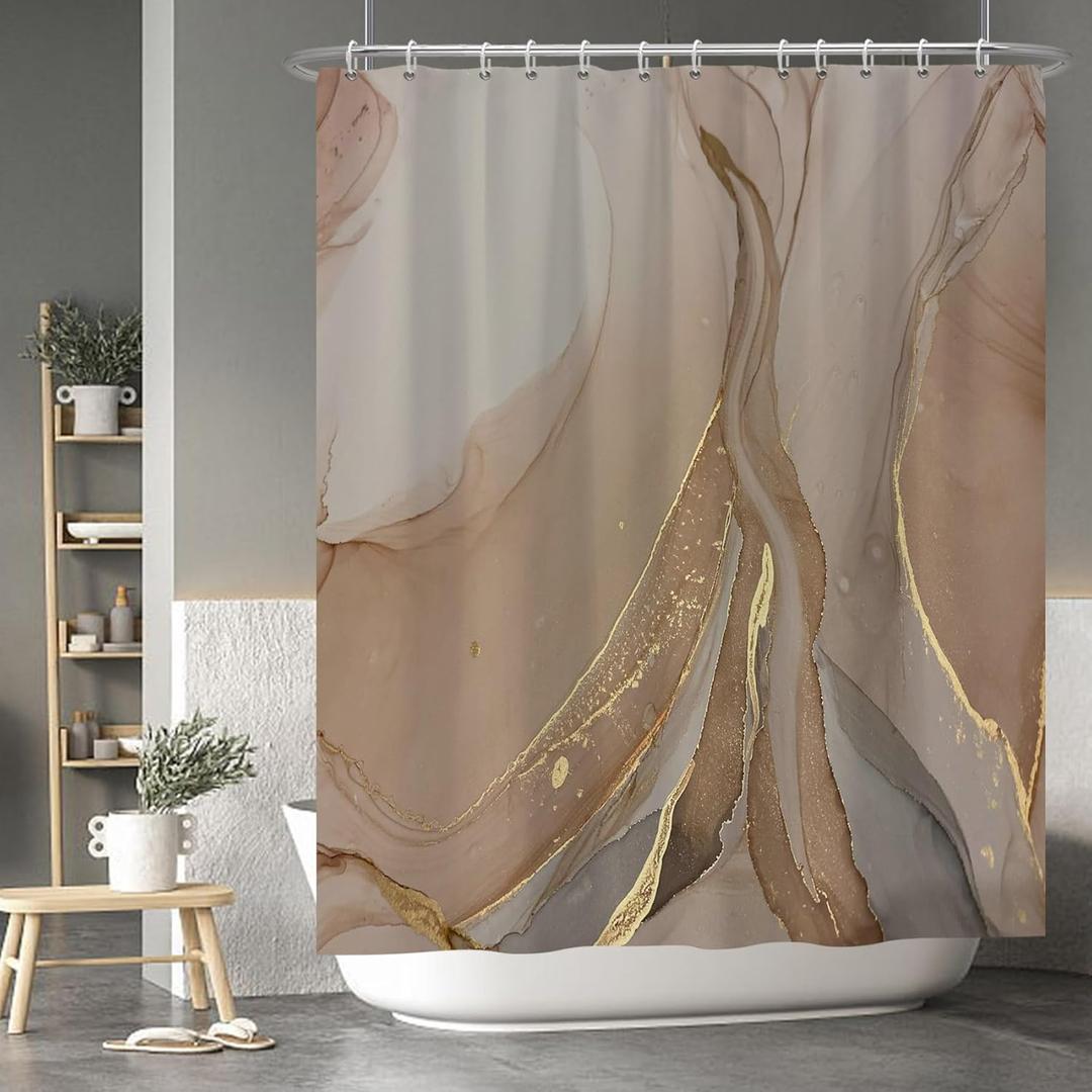Baocicoo Brown Gold Marble Shower Curtain Set Golden Cracked Lines Modern Shower Curtains for Bathroom Living Room Decor Polyester Durable Waterproof Curtain for Bathroom with Hooks 60x72 Inches (60W x 72H)
