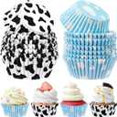 Cunhill 300 Pcs Paper Baking Cups Include 150 Cloud Blue Cupcake Liners 150 Cow Print Cartoon Story Cupcake Topper for Cake Balls Muffins Toy Theme Birthday Baby Shower Party Supplies