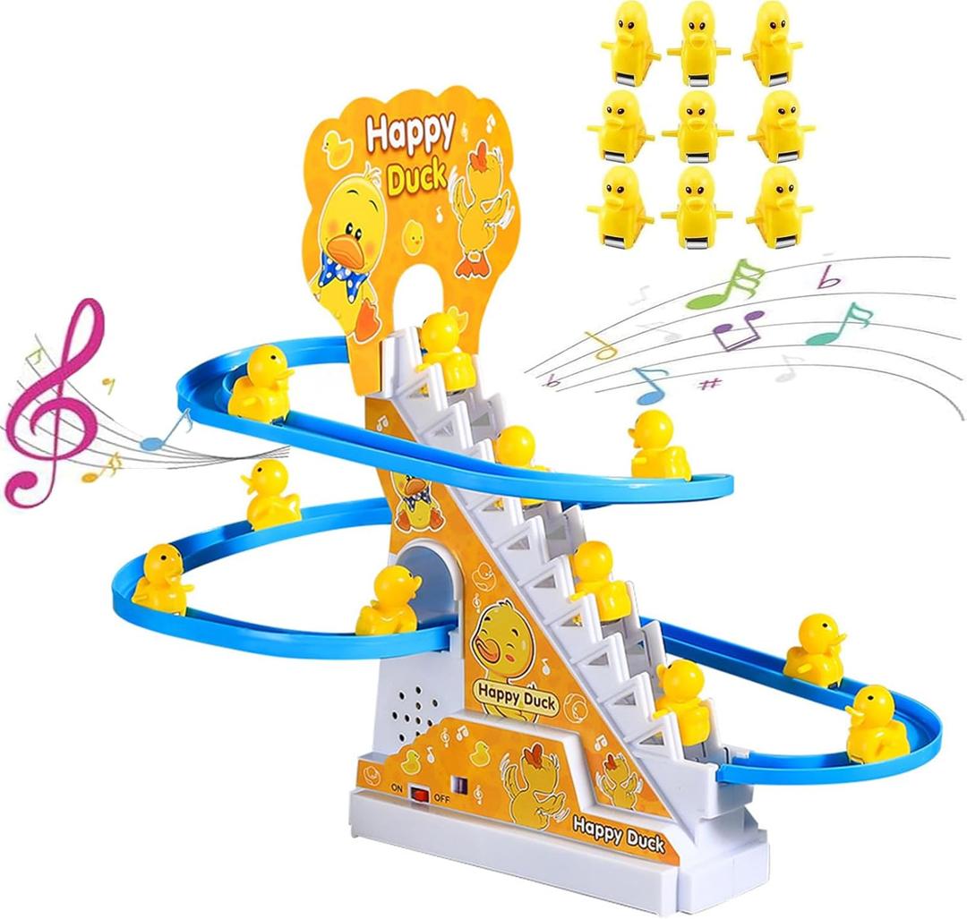 Small Ducks Climbing Toys, Electric Llittle Duck Climbing Stairs Toy, Funny Duck Roller Coaster Track with 9 Ducks LED Lights & Music Button, Small Duck Slide Toy for Children Kids and Baby