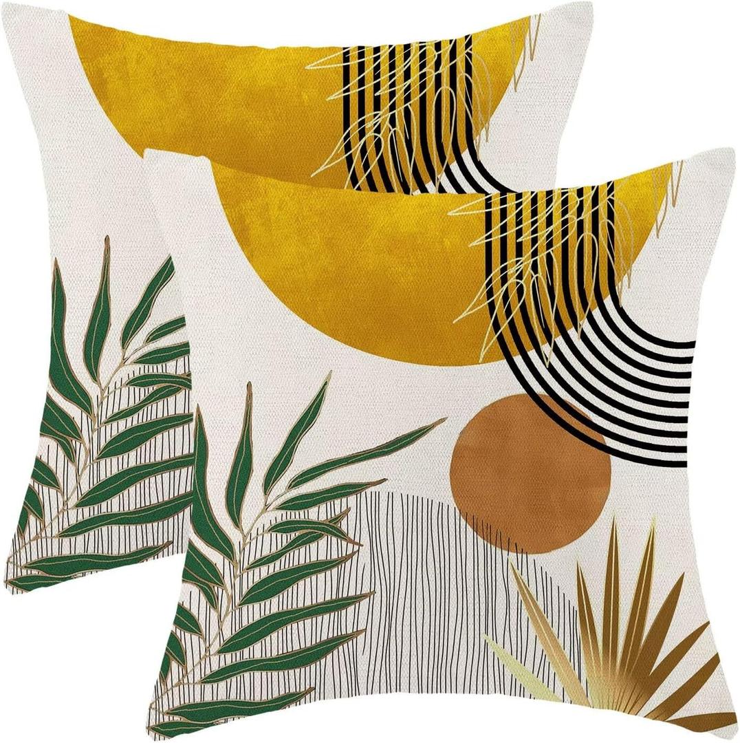 Boho Pillow Covers 16 x 16 inch Set of 2 Mid Century Green Mustard Yellow Gold Bohemian Outdoor Decorative Throw Pillow Linen Farmhouse Abstract Sunset Tropical Leaf Pillowcase for Home Couch Sofa