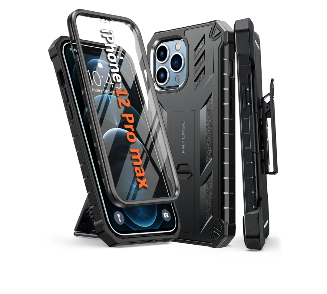 FNTCASE for iPhone 12-Pro-Max Phone Case: with Built-in Screen Protector & Kickstand & Belt-Clip Holster, Full-Body Dual Layer Rugged Military Shockproof Protective Cover-Black