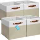 OrganiHaus 12x12 Fabric Storage Bins - Set of 4, Cube Fabric Organizer Bins with Vegan Handles, Kallax Storage Cubes, Cubbies Organizer Boxes, 12Inch Cubic Baskets for Shelves - Beige/White